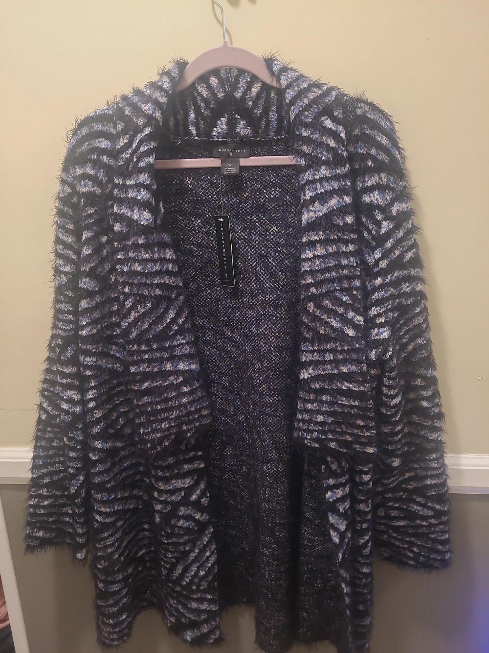 Investments Fuzzy Knit Cardigan Sweater Women's 1X Long Black Blue Striped Boho